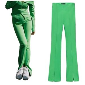 Zara Split Hem Full Length Apple Green High Rise Stretch Leggings Trousers Pants